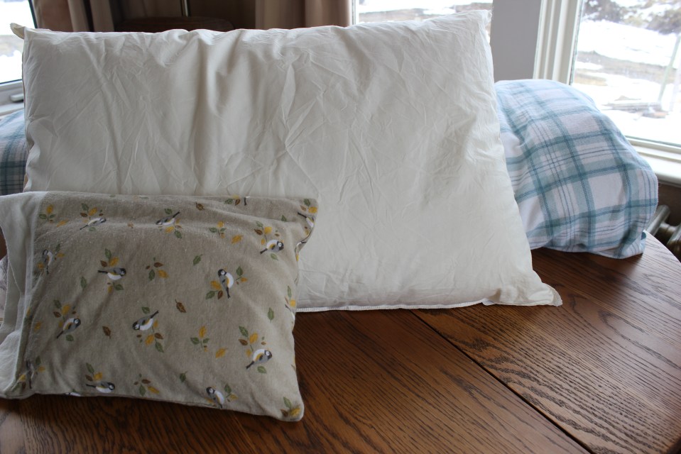 front to back: Travel Pillow, Queen Pillow, ( couch duvet)